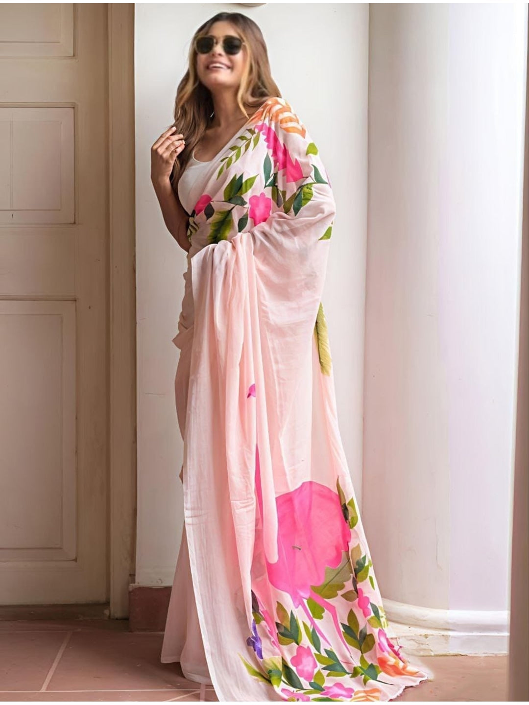 Peachmode Pink Linen Multicolor Floral Printed Saree - Image 1