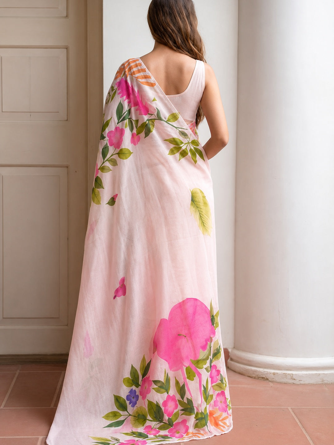 Peachmode Pink Linen Multicolor Floral Printed Saree - Image 3