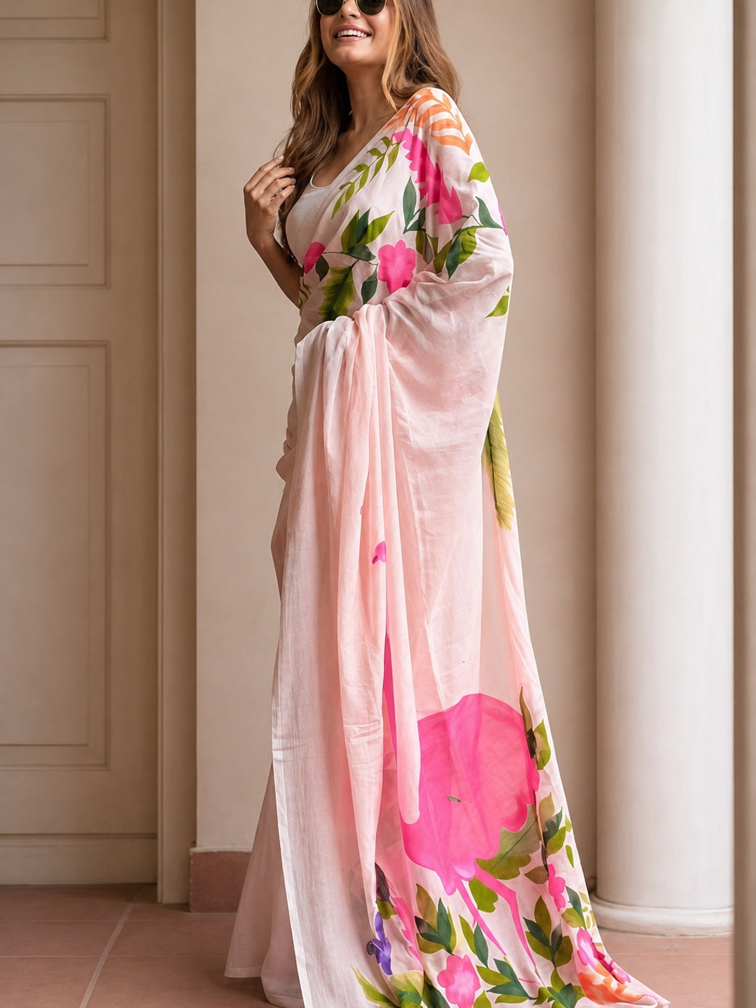 Peachmode Pink Linen Multicolor Floral Printed Saree - Image 5