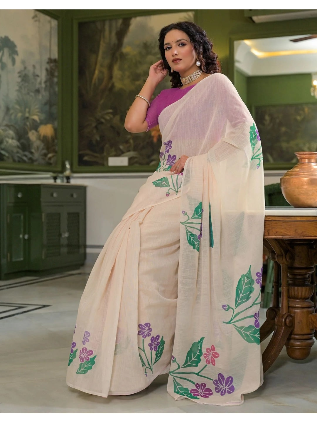 Peachmode Off White Linen Green Floral Printed Saree - Image 1