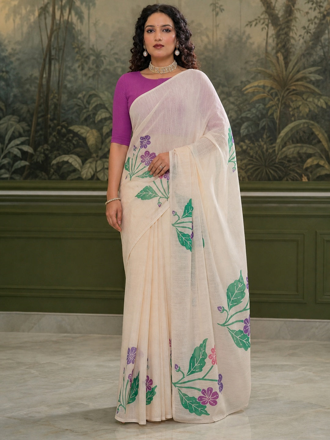 Peachmode Off White Linen Green Floral Printed Saree - Image 2