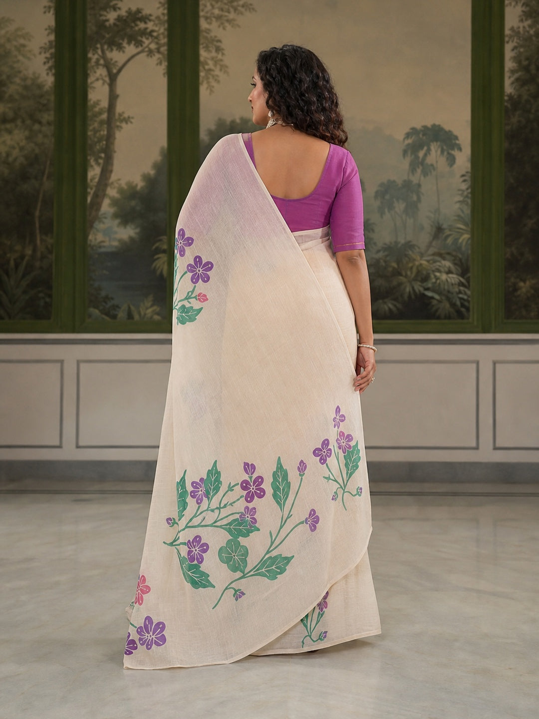 Peachmode Off White Linen Green Floral Printed Saree - Image 3