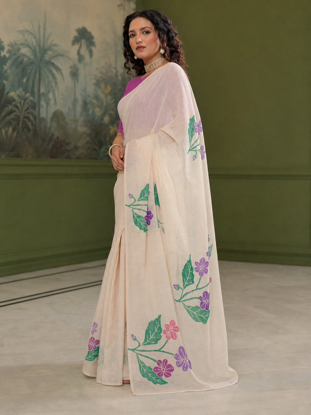 Peachmode Off White Linen Green Floral Printed Saree - Image 4