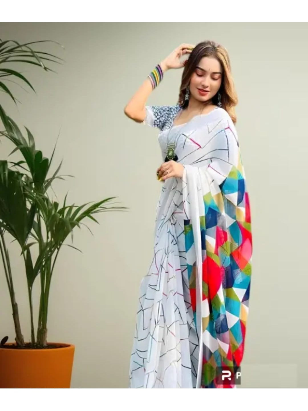 Peachmode Light Blue Linen Geometric Printed Saree - Image 2