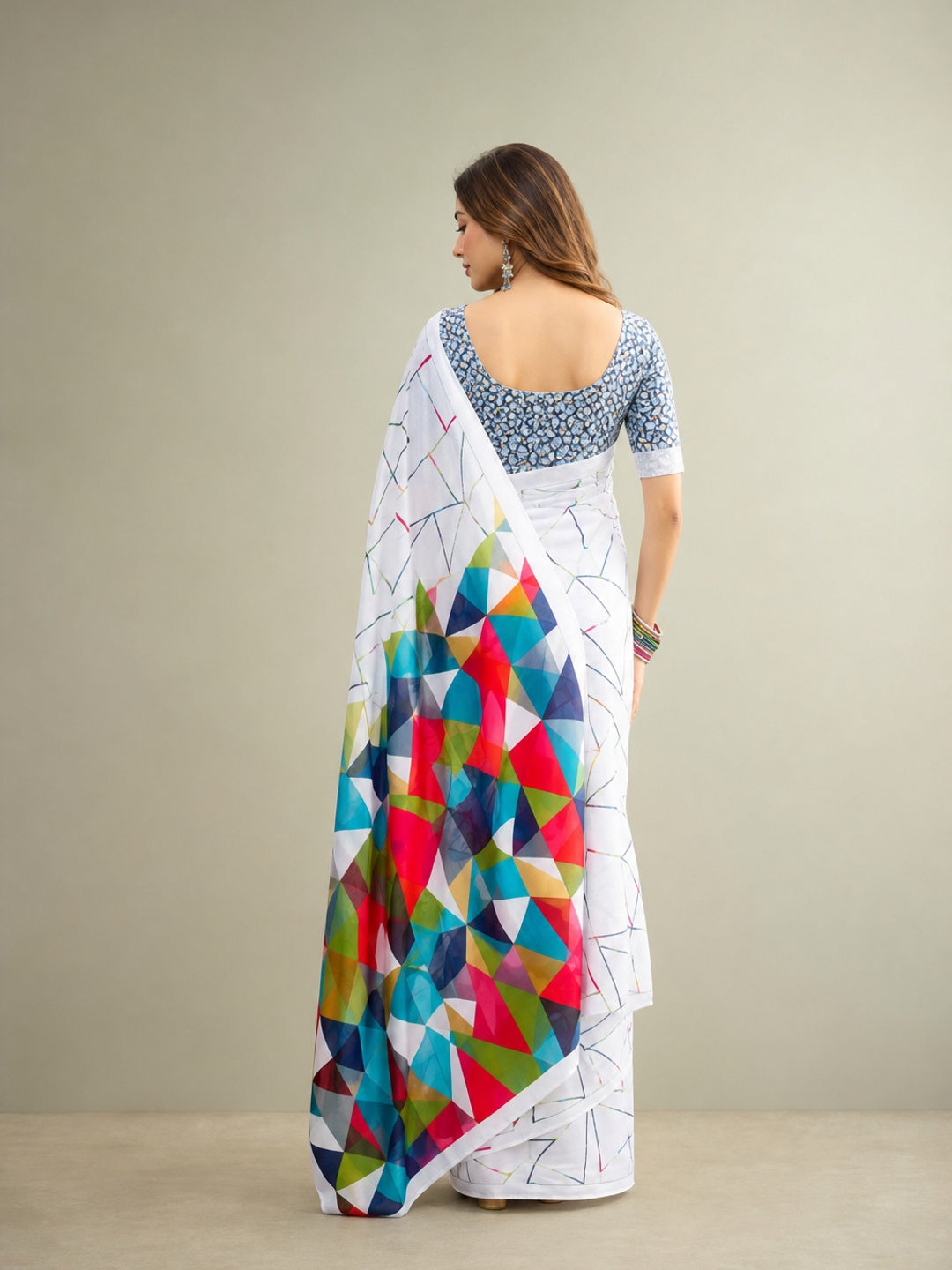 Peachmode Light Blue Linen Geometric Printed Saree - Image 3