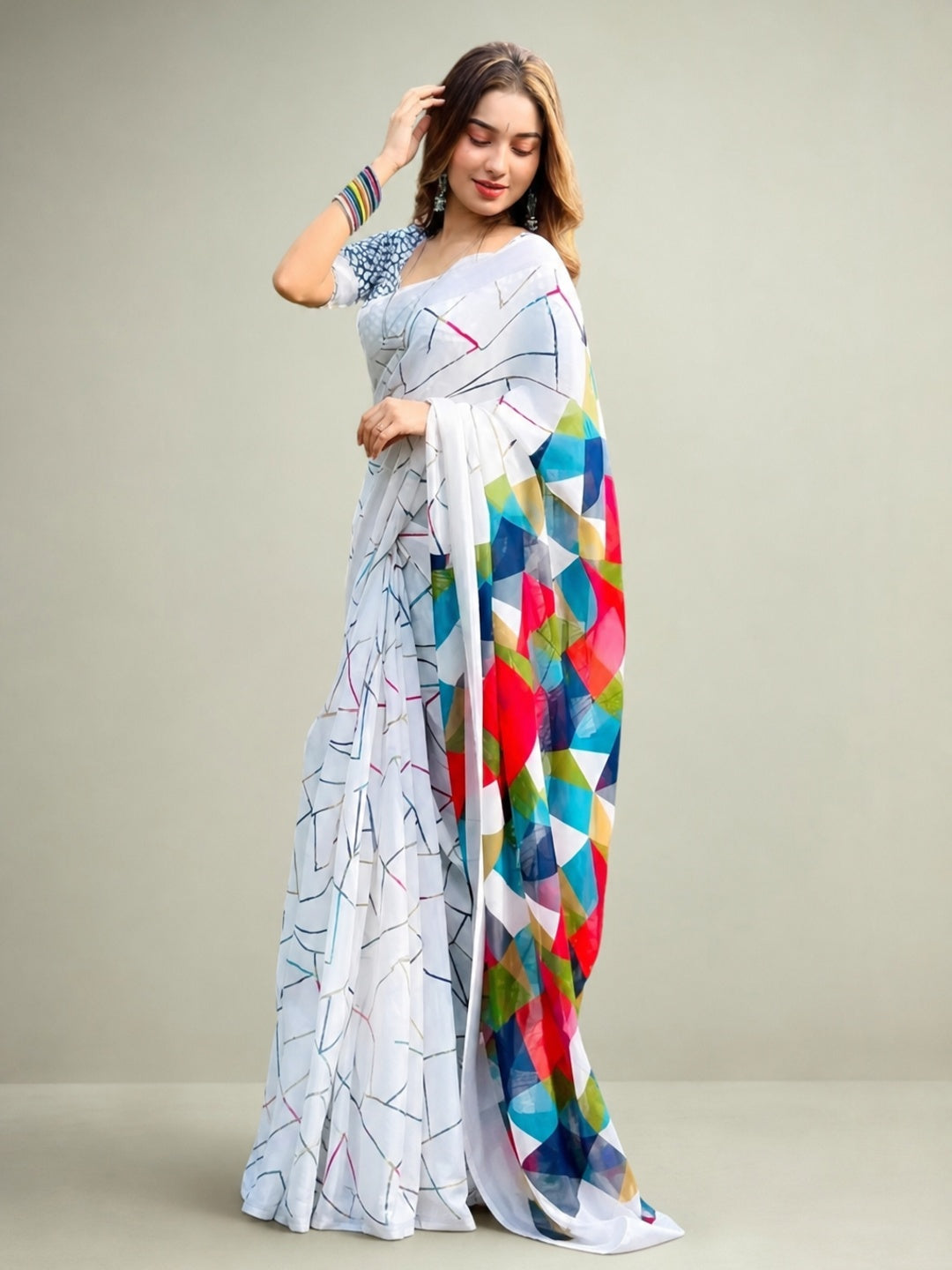 Peachmode Light Blue Linen Geometric Printed Saree - Image 4