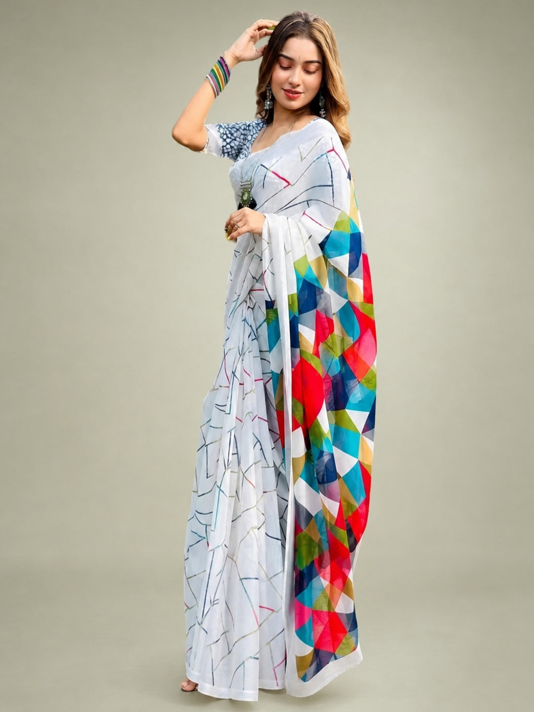 Peachmode Light Blue Linen Geometric Printed Saree - Image 5