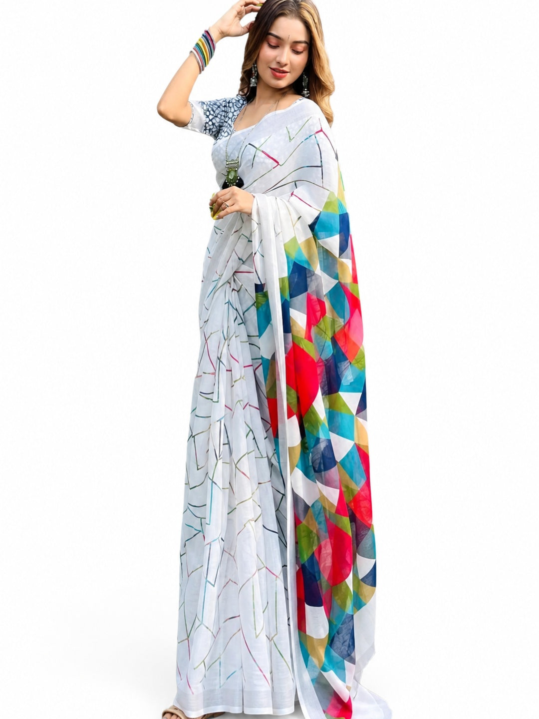 Peachmode Light Blue Linen Geometric Printed Saree - Image 6