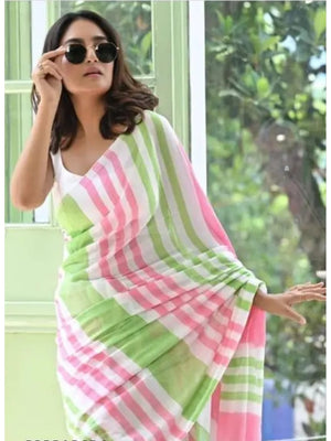 Peachmode White Linen Pink Green Striped Saree - Image 2