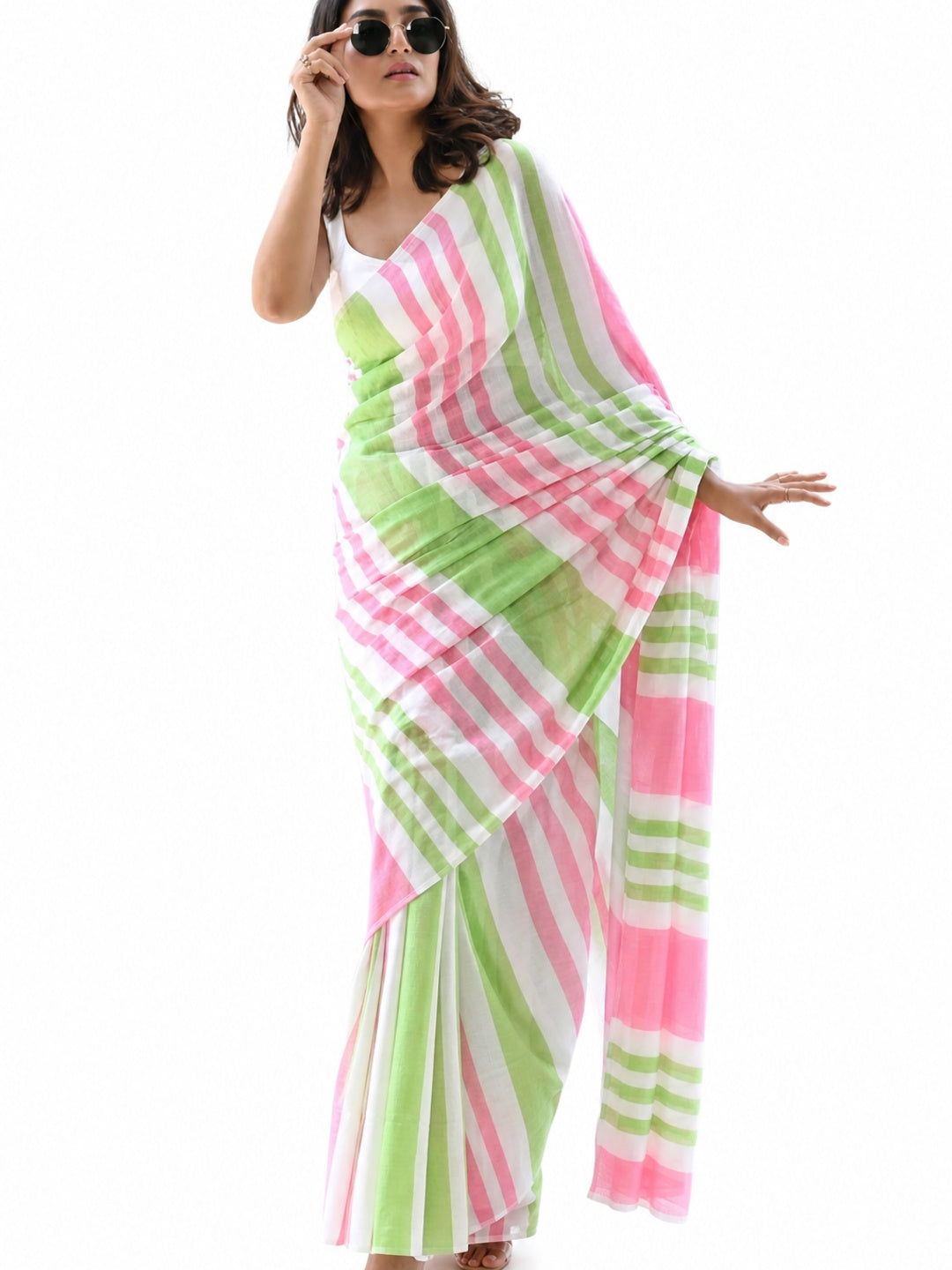 Peachmode White Linen Pink Green Striped Saree - Image 6