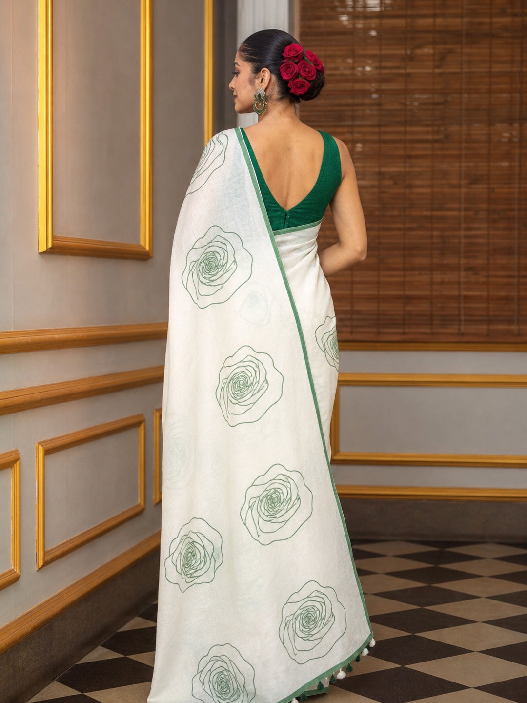Peachmode Off White Linen Green Line Floral Saree - Image 3