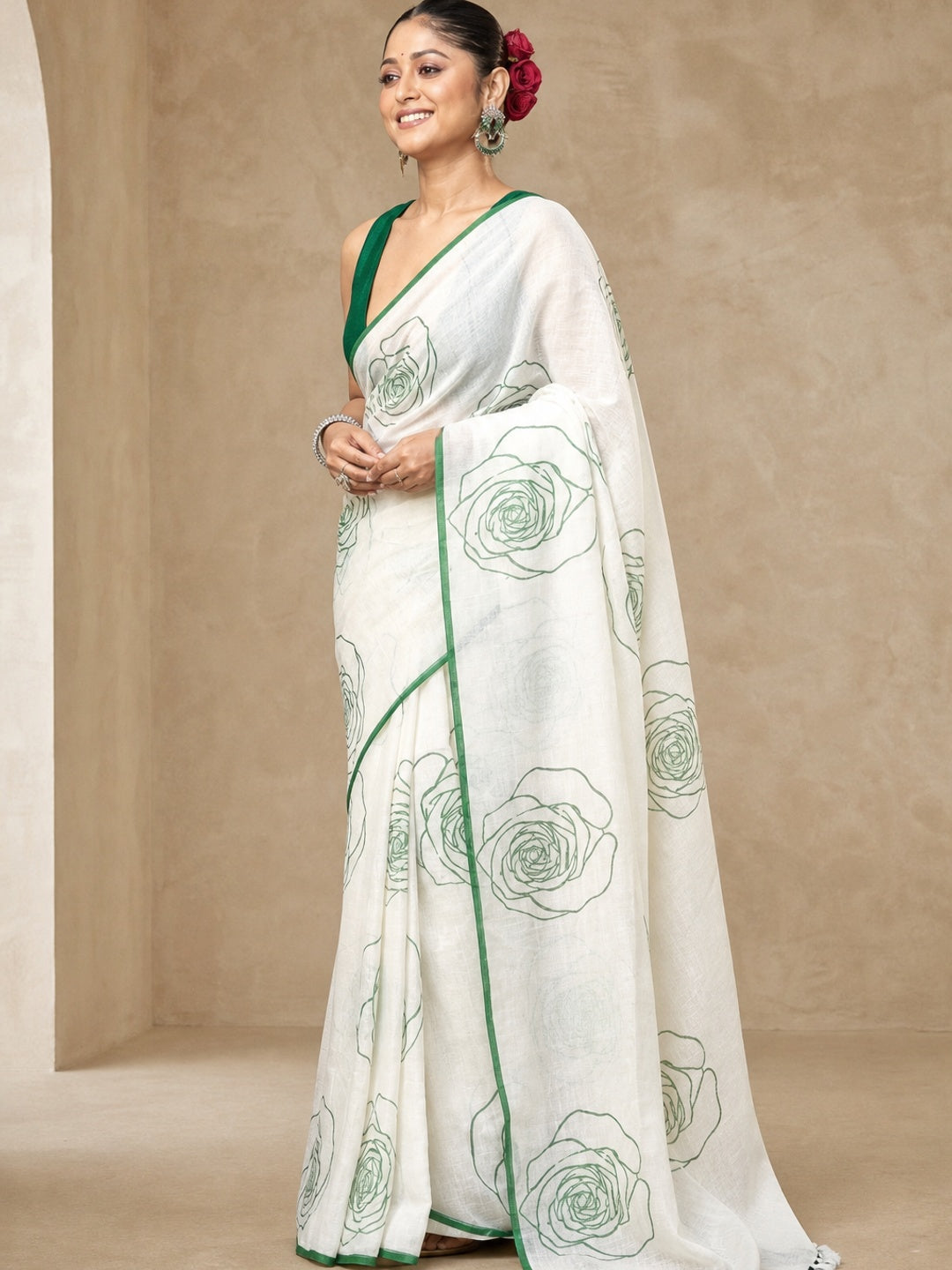 Peachmode Off White Linen Green Line Floral Saree - Image 5