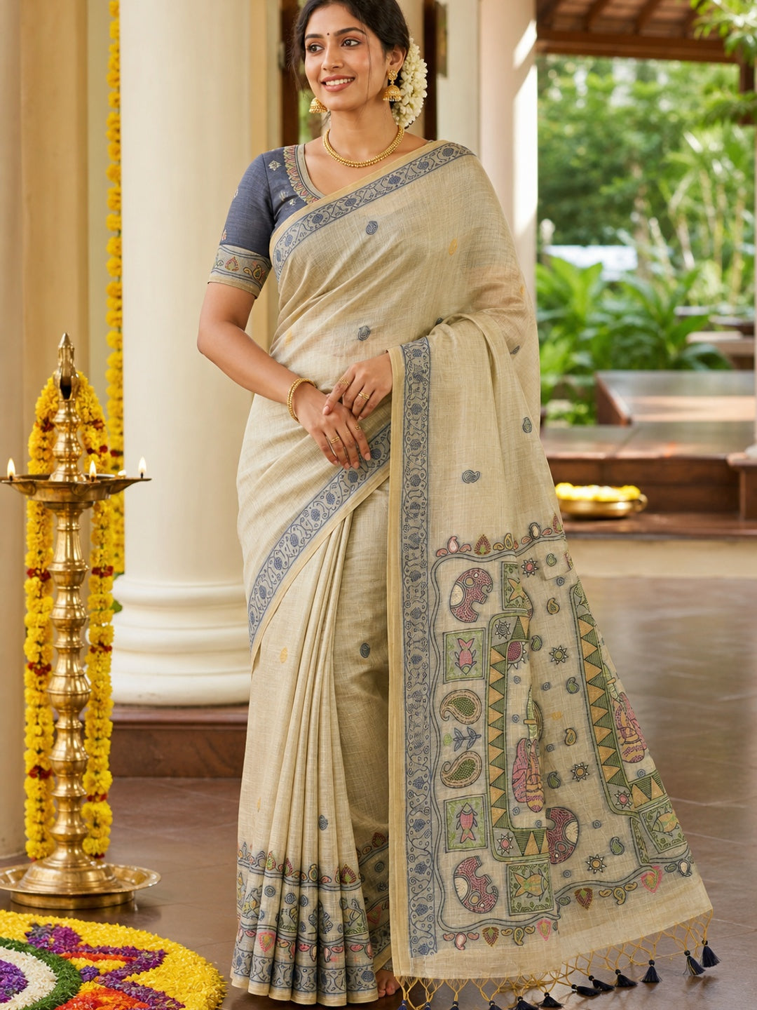 Beige Woven Muga Cotton Silk Saree In Kalamkari Motifs On Pallu - Image 1