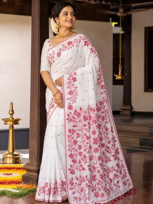 White and Red Floral Weaving Muga Cotton Silk Saree Crafted with Elegant Detailing and Classic Appeal - Image 1