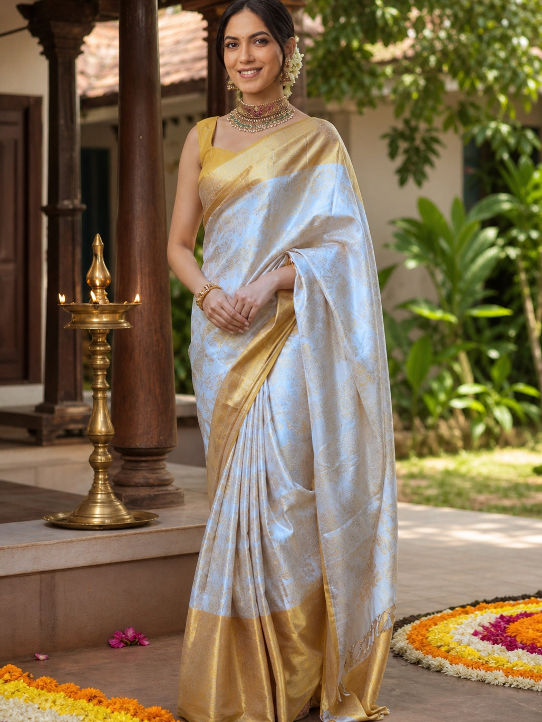 Charming White & Yellow Floral Zari Woven Lichi Banarasi Silk Saree - Image 1