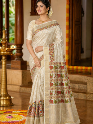 Off white Dola Silk Fabric with Multicolor Peacock & Floral Weaving - Image 1