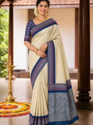 Classic Cream Zari Weaving Dola Silk Saree with Elegant Shine and Traditional Design - Image 1