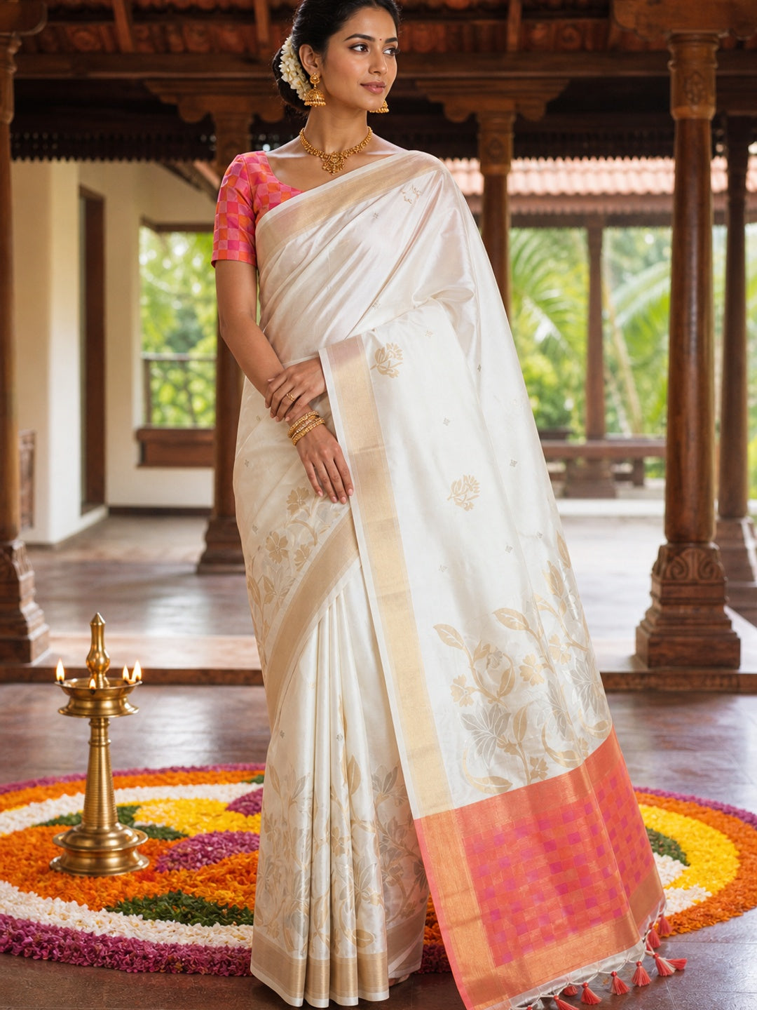 White Floral Woven Art Silk Saree With Tassels - Image 1