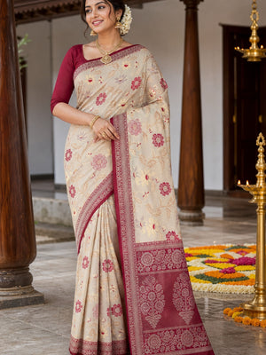 Beige & Red Designer Tissue Saree with Zari Weaving - Image 1