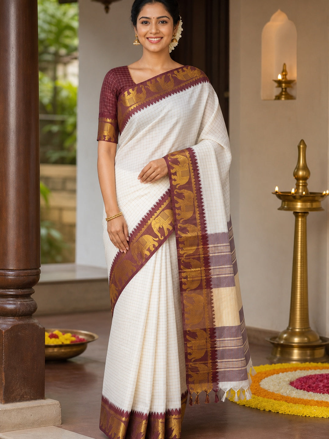 White & Maroon Woven Cotton Silk Saree With Tassels - Image 1