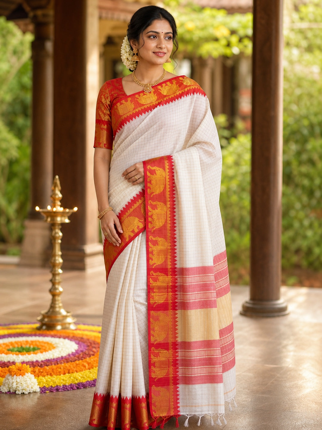 White & Red Woven Cotton Silk Saree With Tassels - Image 1