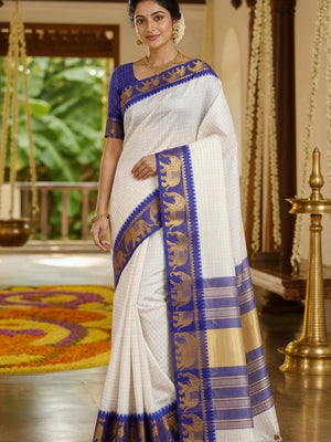 White & Rama Blue Woven Cotton Silk Saree With Tassels - Image 1