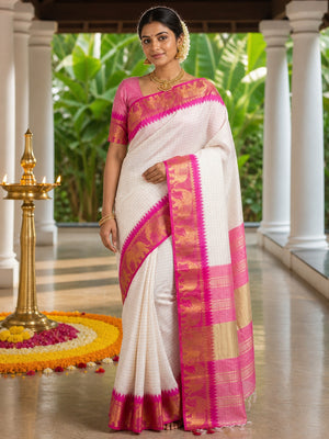 White & Rani Pink Woven Cotton Silk Saree With Tassels - Image 1