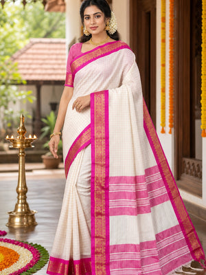 White & Pink Checks With Woven Border Cotton Silk Saree - Image 1
