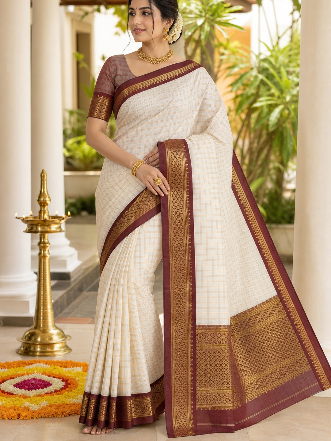 White And Maroon Checks With Woven Border Cotton Silk Saree - Image 1
