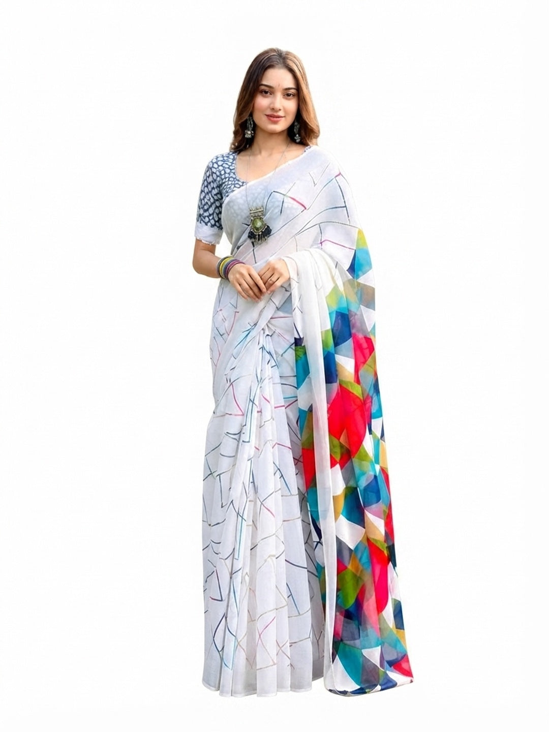 Peachmode Light Blue Linen Geometric Printed Saree - Image 7