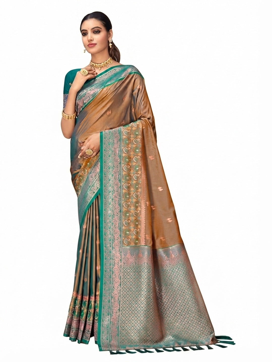 Peachmode Bronze Gold Silk Blend Adiksha SIlk Saree - Image 7