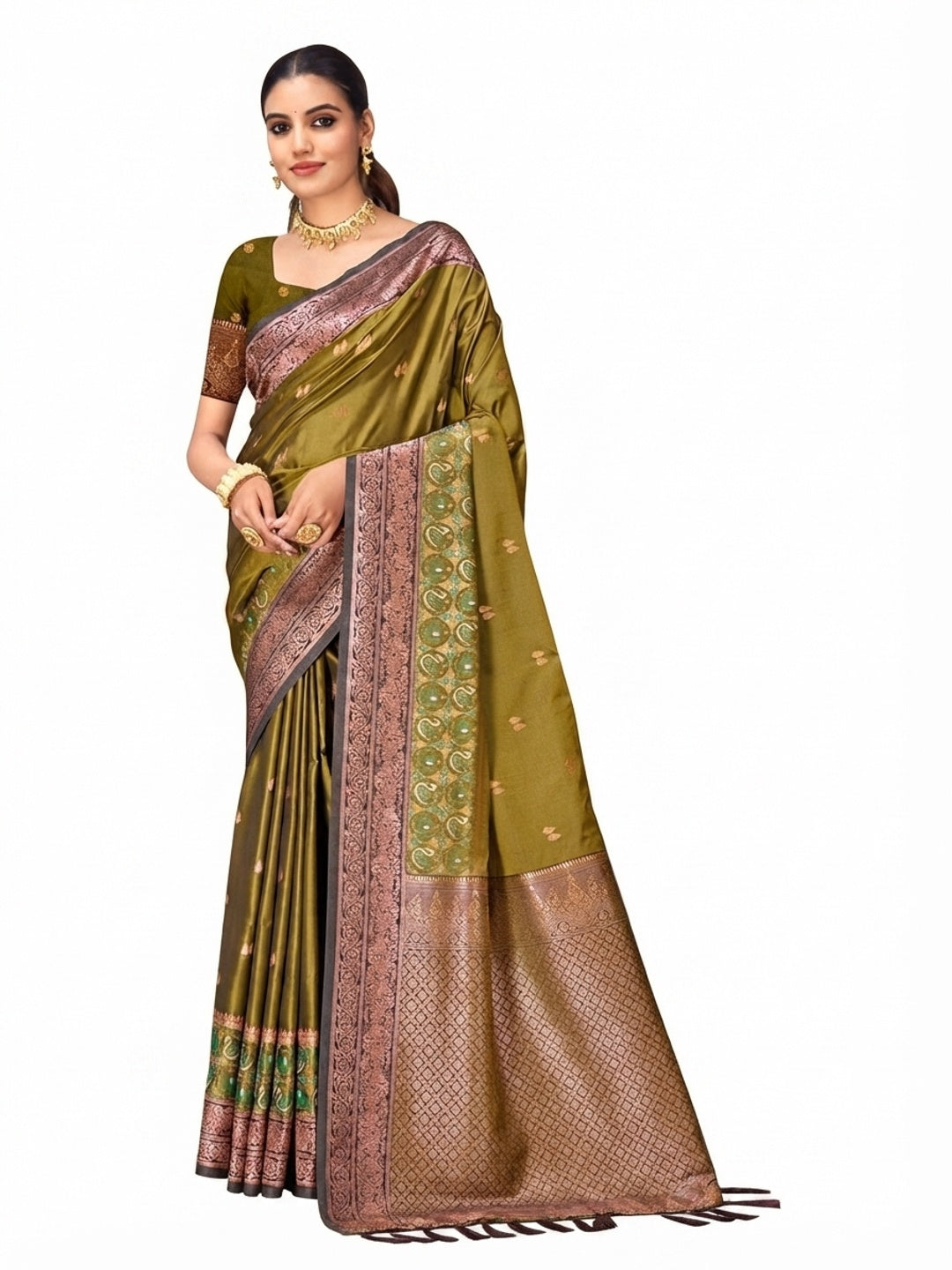 Peachmode Olive Green Silk Blend Adiksha SIlk Saree - Image 7