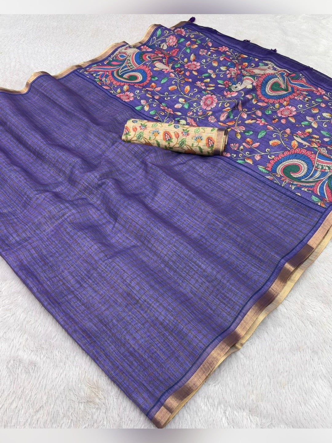 Peachmode Purple Linen Cotton Fancy Digital Print Saree - Image 5