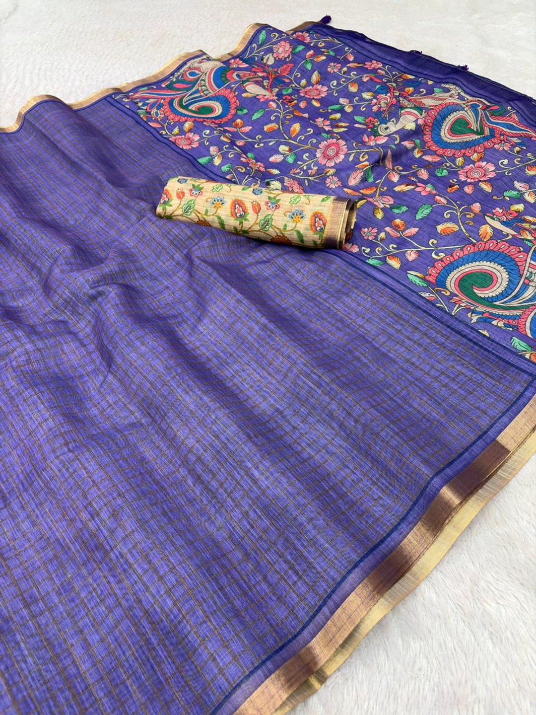 Peachmode Purple Linen Cotton Fancy Digital Print Saree - Image 7