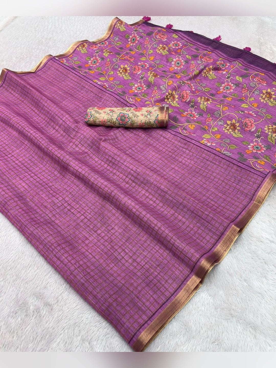 Peachmode Onion Linen Cotton Fancy Digital Print Saree - Image 6