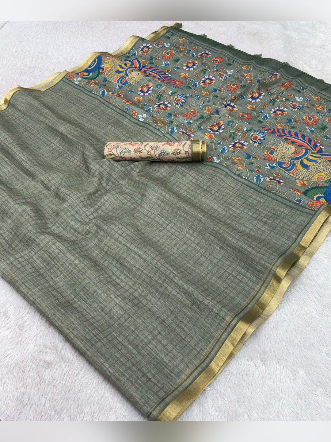 Peachmode Grey Linen Cotton Fancy Digital Print Saree - Image 6