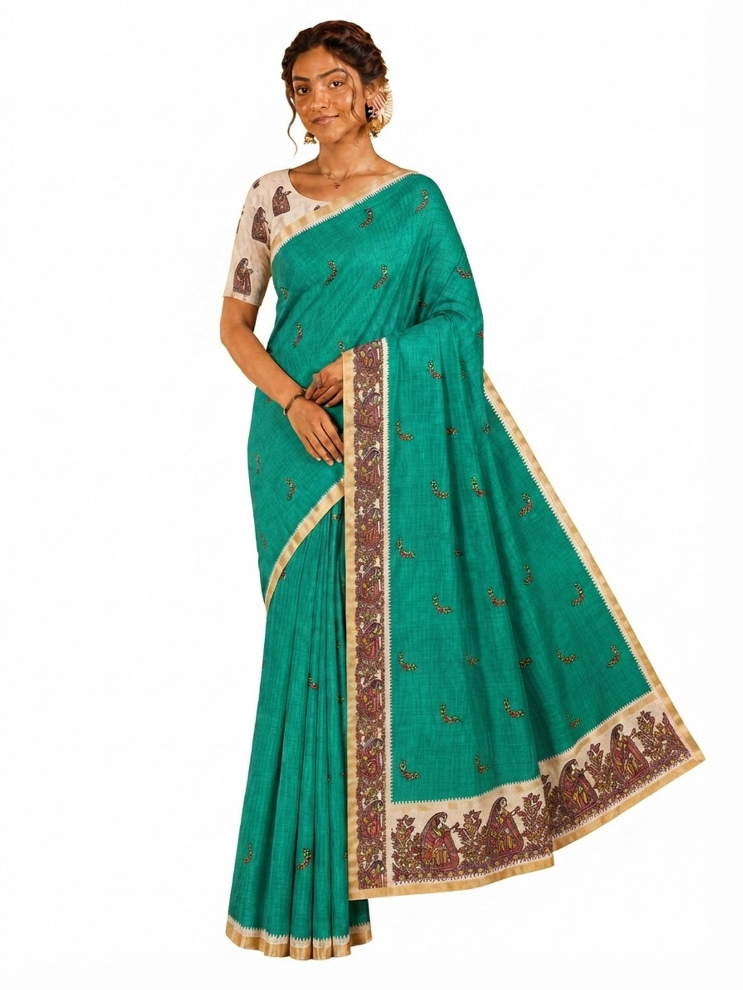 Peachmode Green Linen Cotton Zari Bentex Border Saree - Image 8
