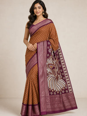 Rust Bandhani Design Dola Silk Saree with Classic Zari Detailing - Image 1