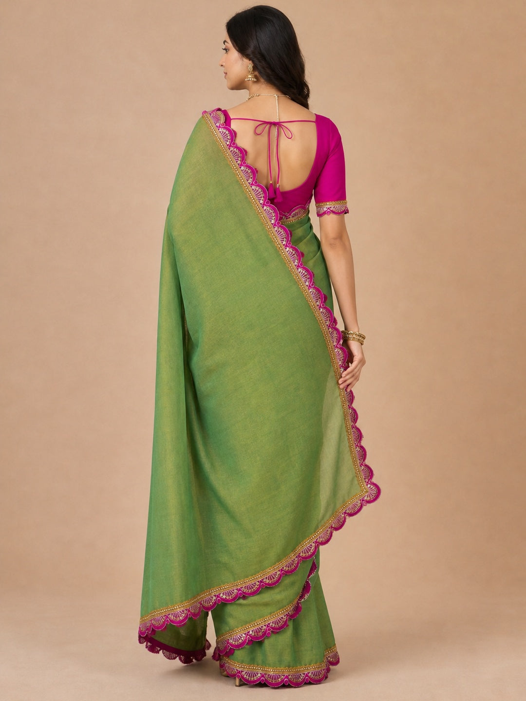 Green Beige Solid Tissue Saree Enhanced With Graceful Embroidered Lace Border Work - Image 2