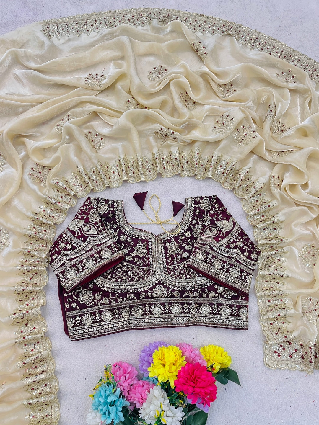 Peachmode Chikoo Satin Saree - Image 5