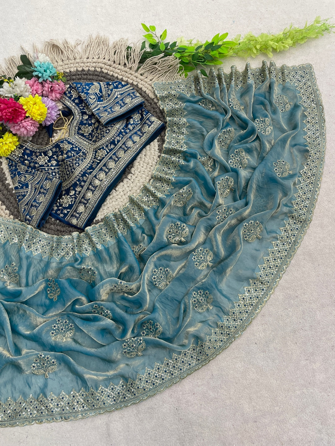 Peachmode Blue Satin Saree - Image 4