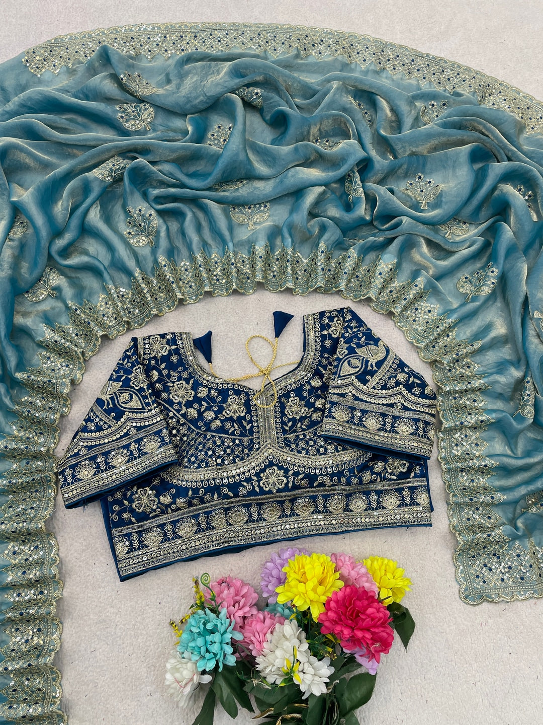 Peachmode Blue Satin Saree - Image 5