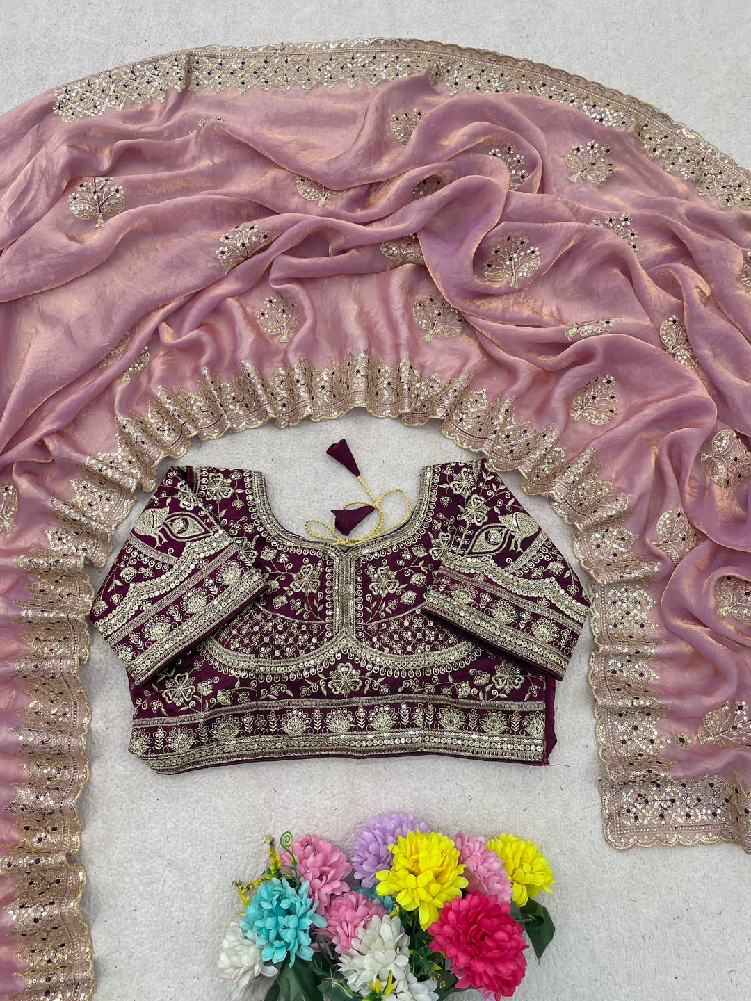 Peachmode Pink Satin Saree - Image 5