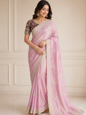 Peachmode Pink Satin Saree - Image 1