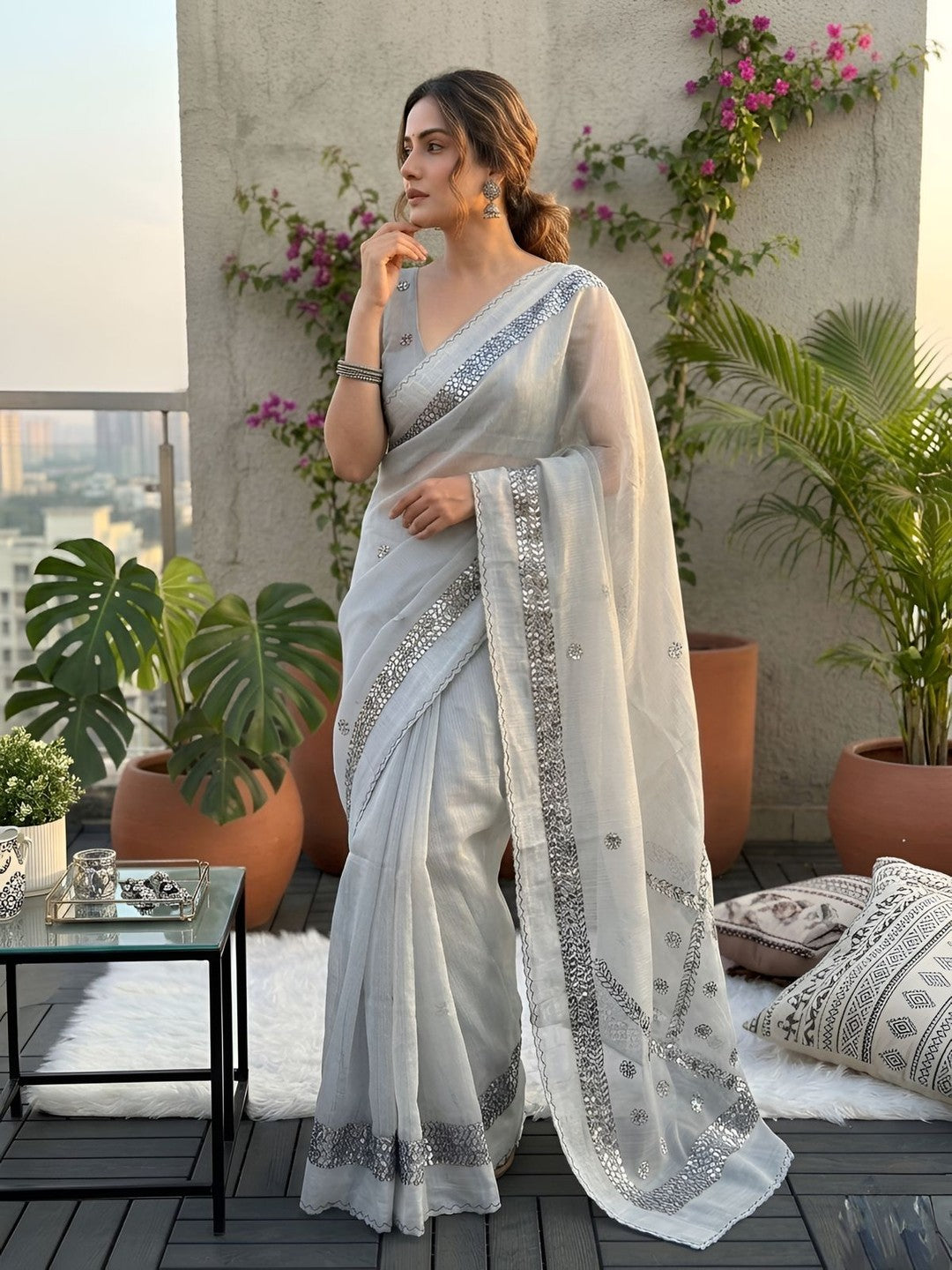 Peachmode Grey Kota Doriya Gota Patti Saree - Image 5