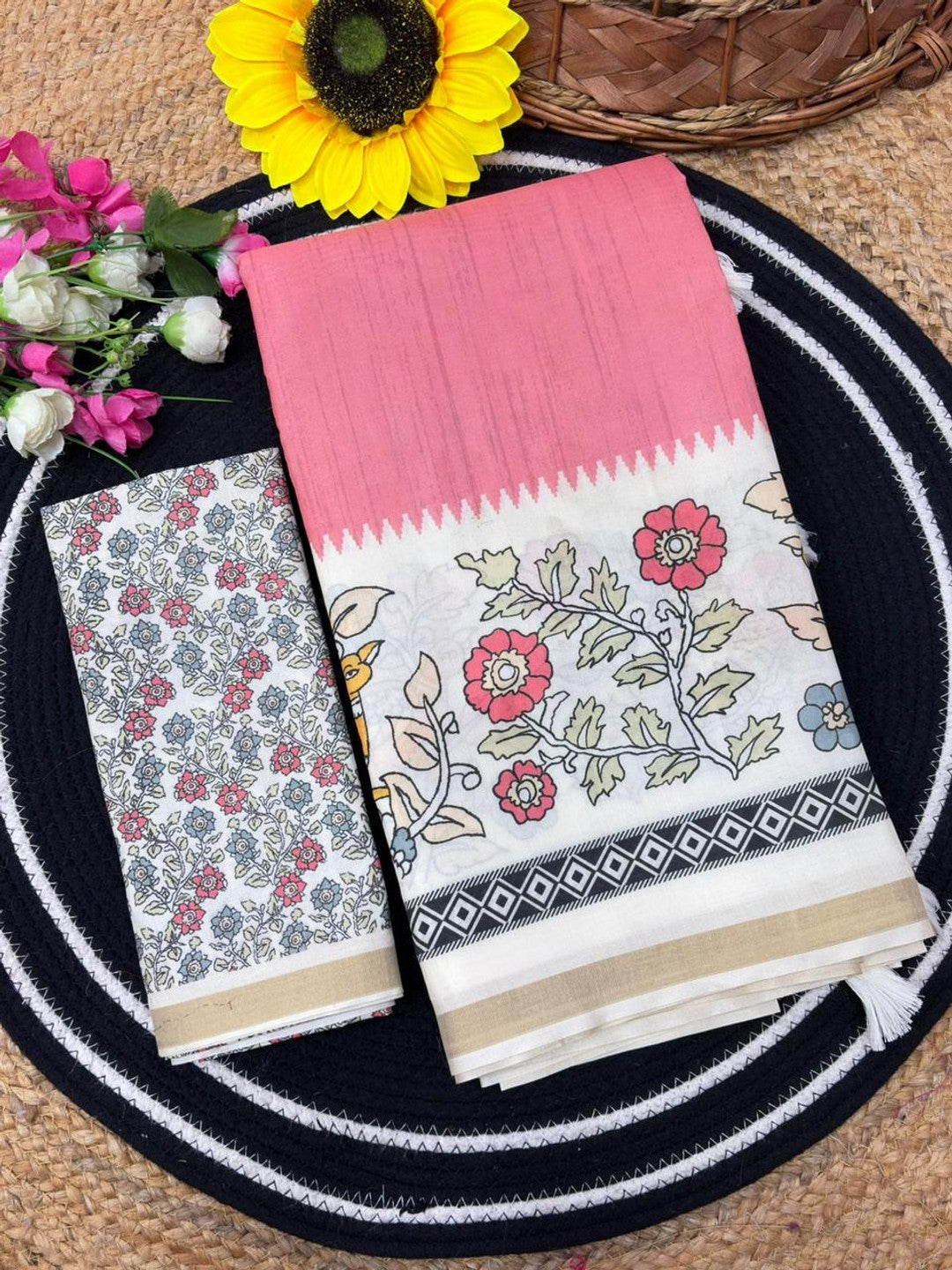 Peachmode Pink Malai Cotton Fancy Digital Print Saree - Image 6