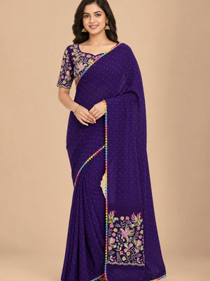 Purple Swarovski Work Embroidered Georgette Saree - Image 1