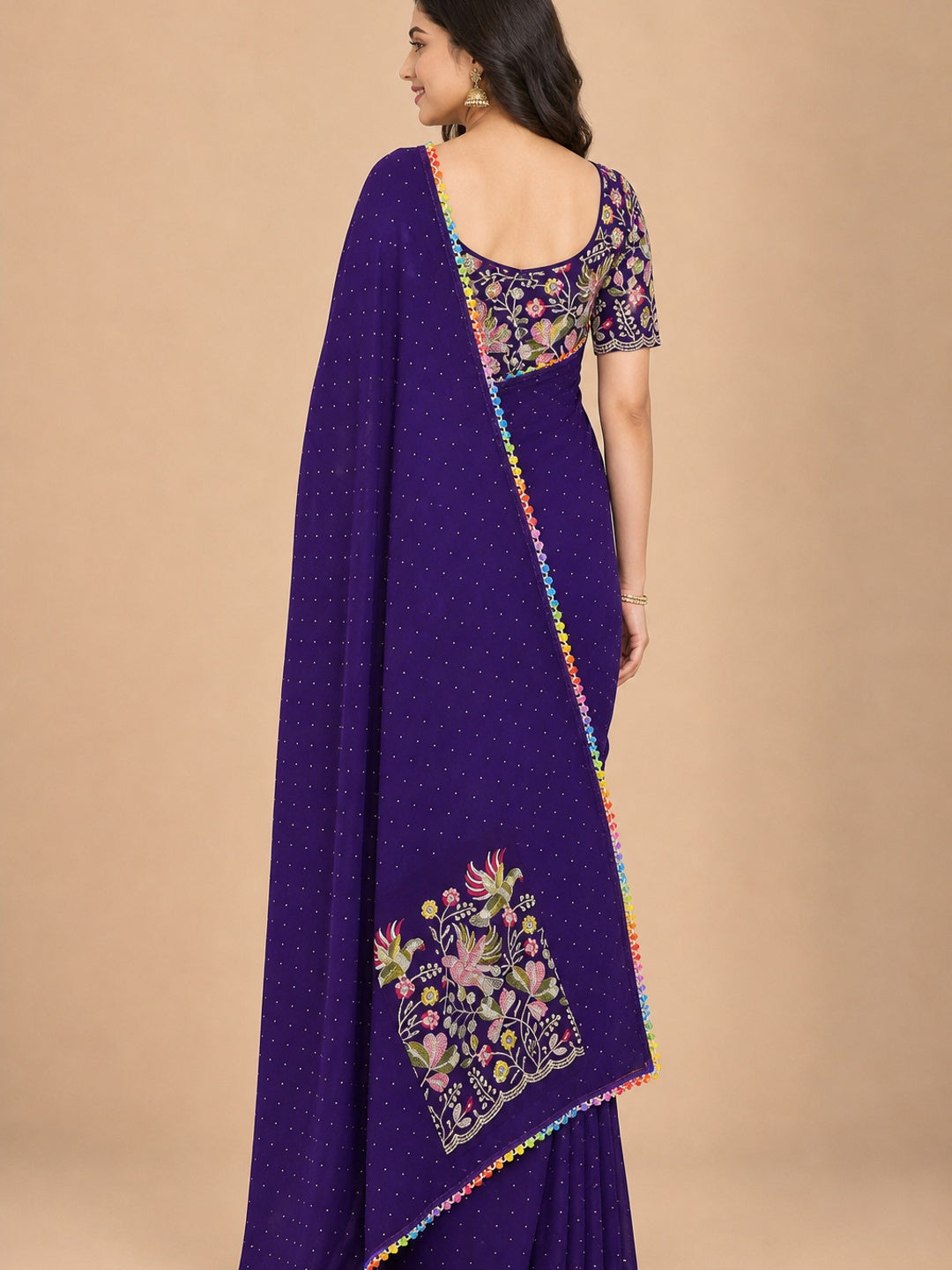 Purple Swarovski Work Embroidered Georgette Saree - Image 2
