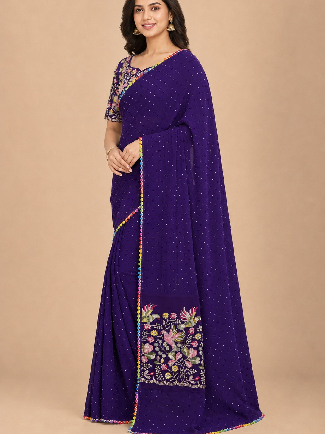 Purple Swarovski Work Embroidered Georgette Saree - Image 4