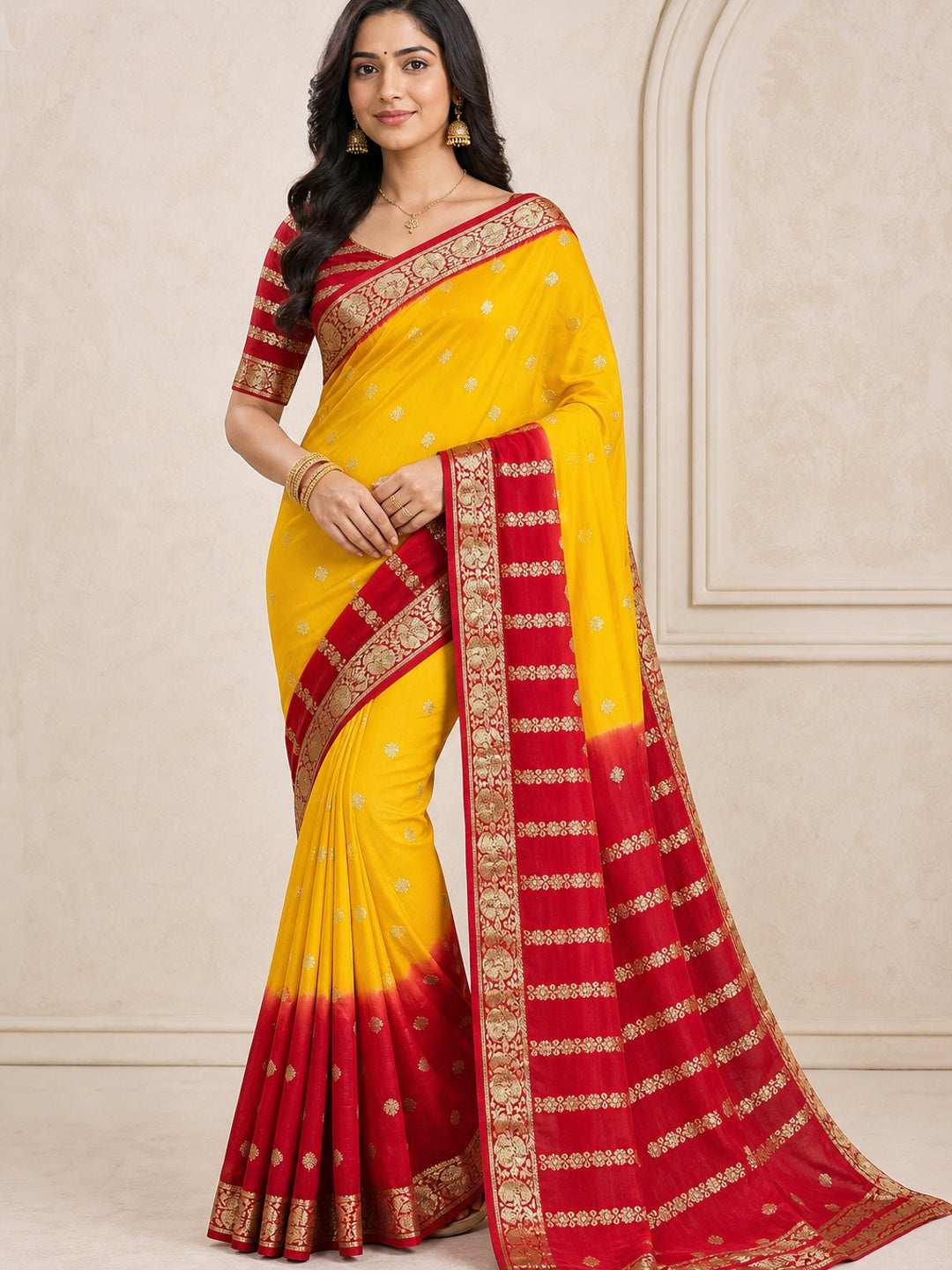 Yellow & Red Zari Woven Pure Viscose Saree - Image 1